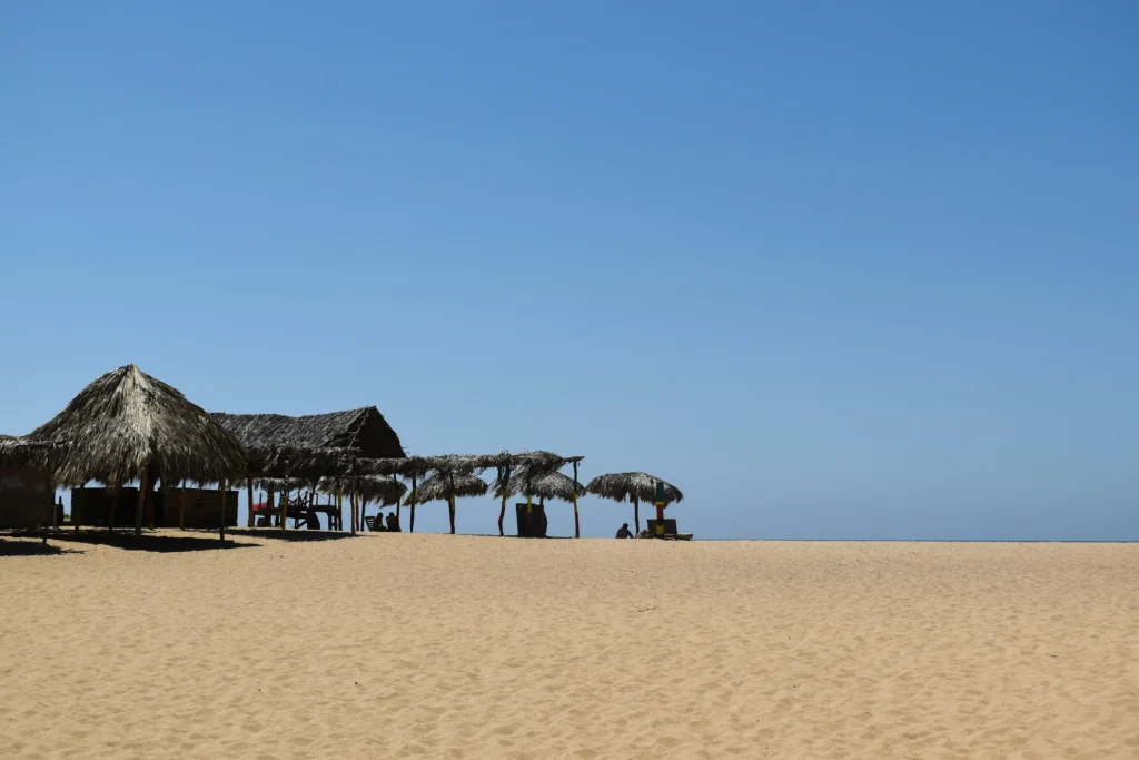 Un grupo de sombrillas de paja sentadas encima de la arena de Zipolite, una de las mejores playas de México.
