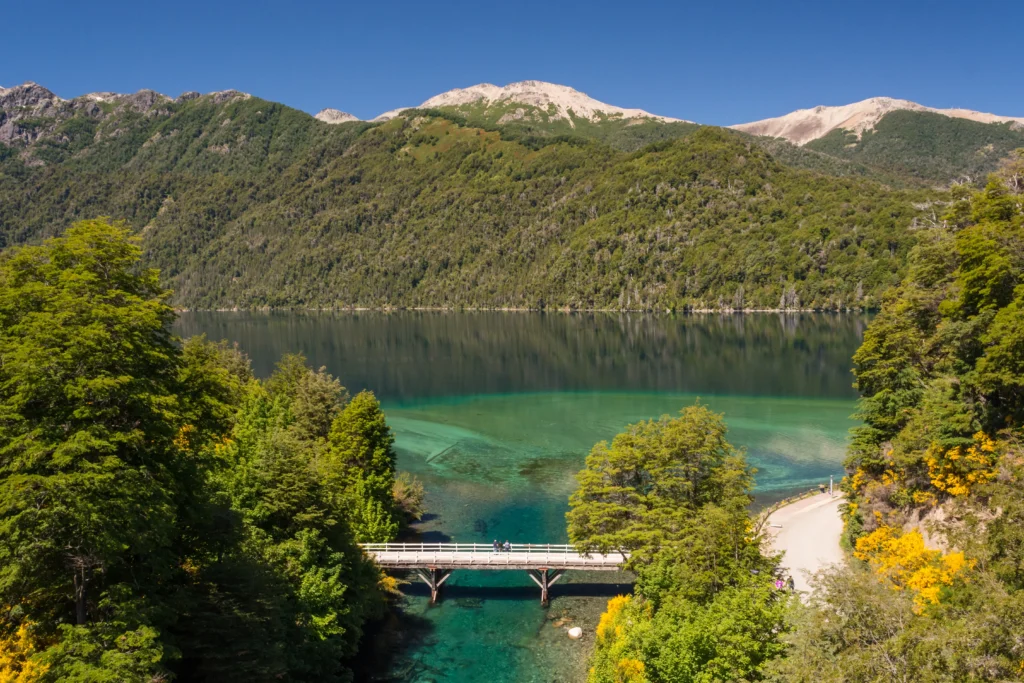 Vista superior del Lago Correntoso y de su puente colgante, el primero destino que vas a encontrar en el camino de los 7 lagos en auto.