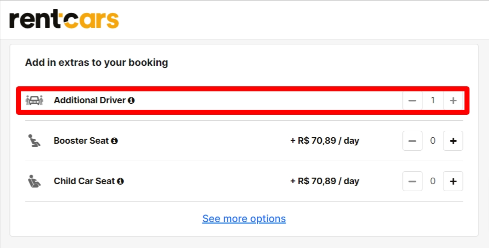 sample screen with additional driver as an add extra in car rental