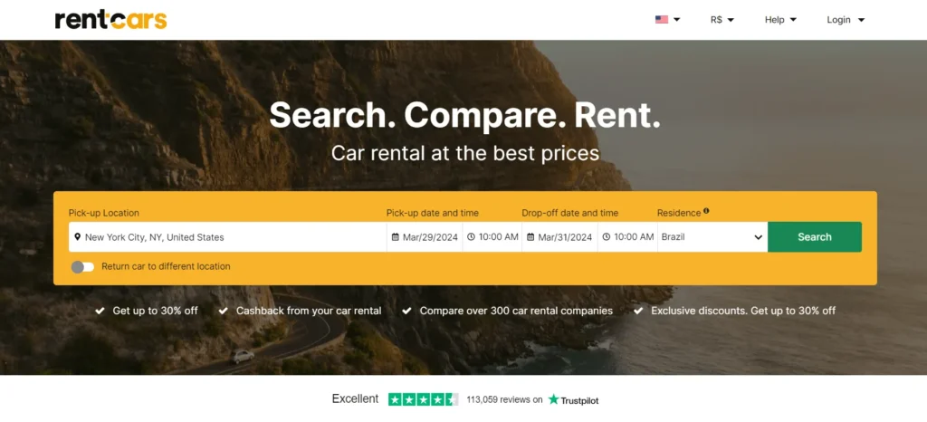 Sample screen with the search engine of the car rental price comparison tool