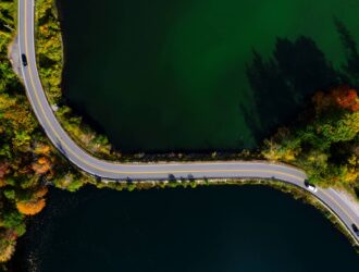 Aerial view of a car on a road