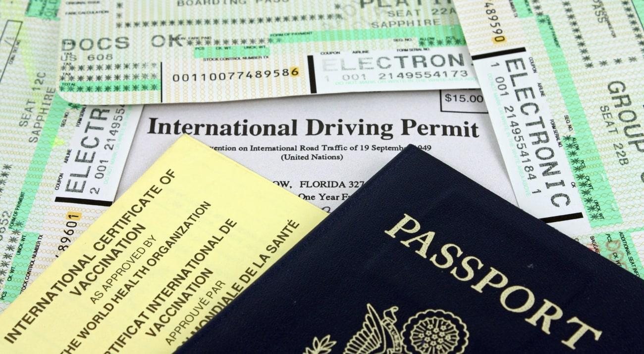 passport, international driver's permit and airplane tickets