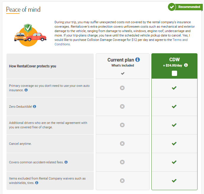 screenshot of the rentalcover option available on rentcars.com