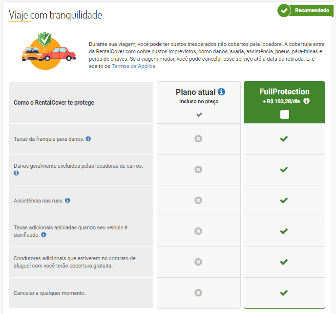 opção rentalcover em detalhes do carro rentcars.com