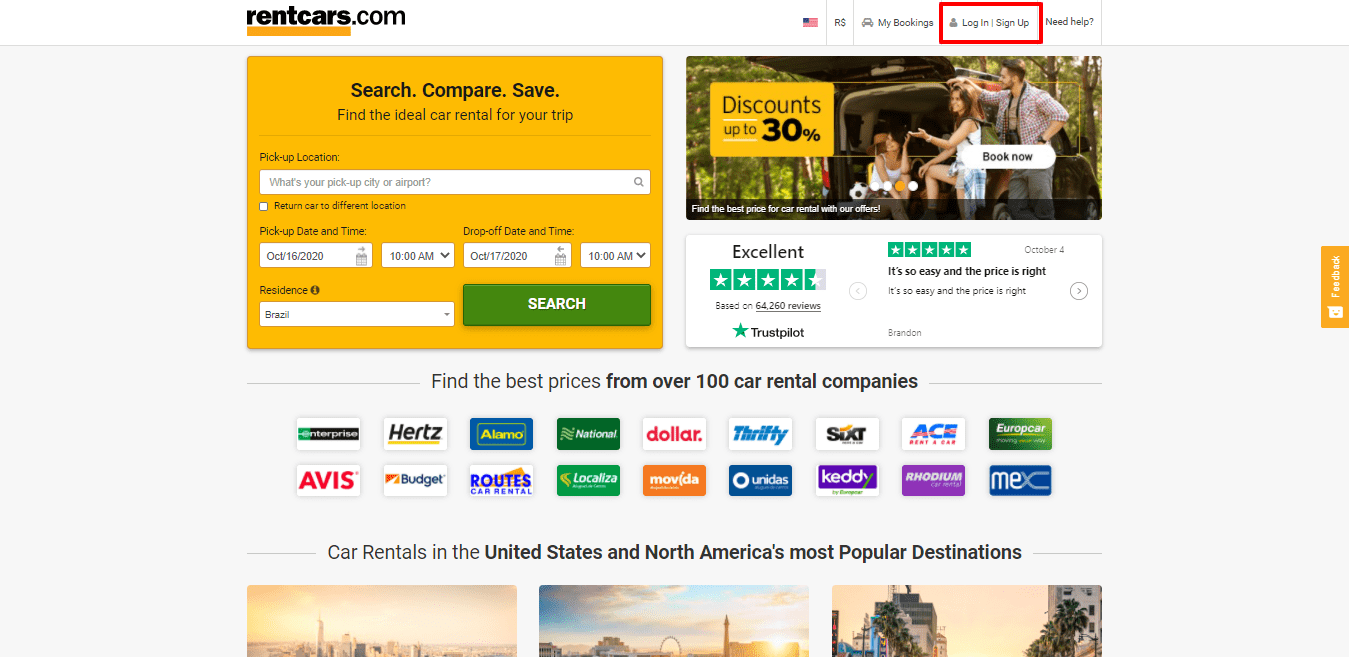 rentcars.com homepage