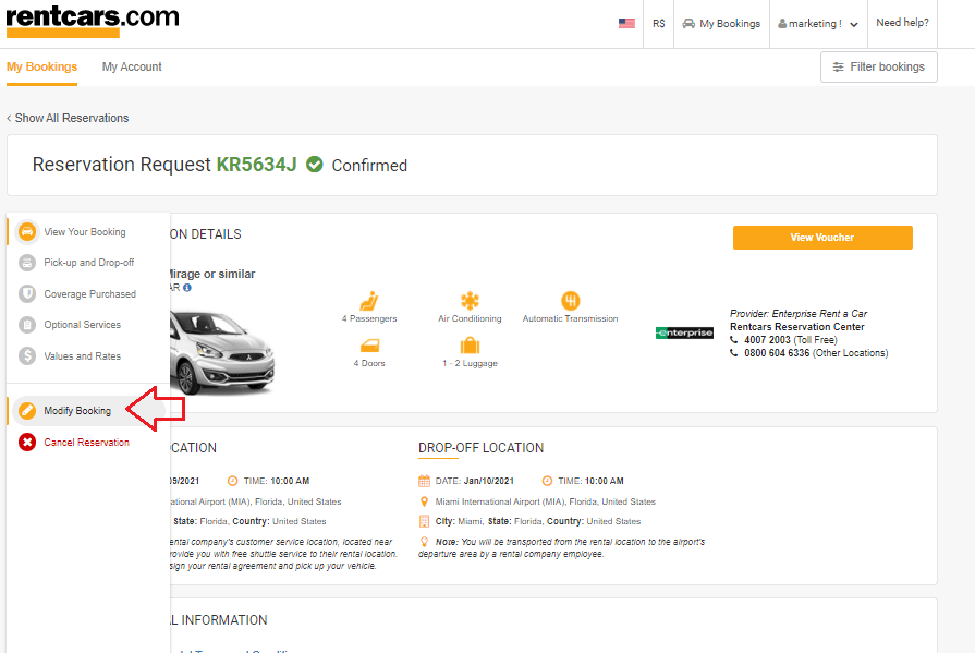 modify booking button rentcars.com