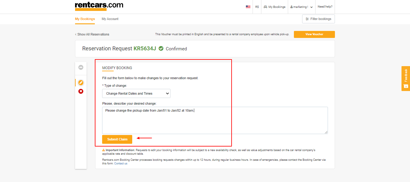 submit clain field to modify a booking on rentcars.com
