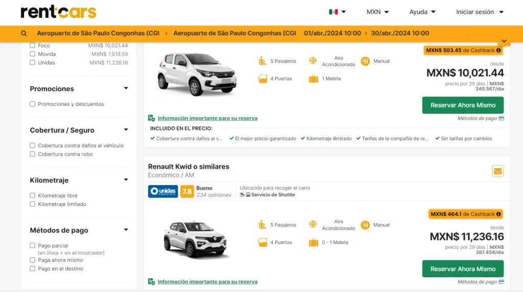 Captura de pantalla de la plataforma de Rentcars donde se ve los filtros de kilometraje ilimitado y kilometraje limitado en la versión de ordenador.