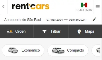 Captura de pantalla de la plataforma de Rentcars donde se ve los filtros de kilometraje ilimitado y kilometraje limitado en la versión de teléfono.