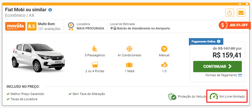 oferta de aluguel de carro com km ilimitado no site rentcars.com
