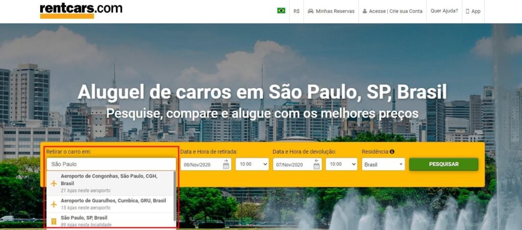 campo de busca rentcars.com são paulo