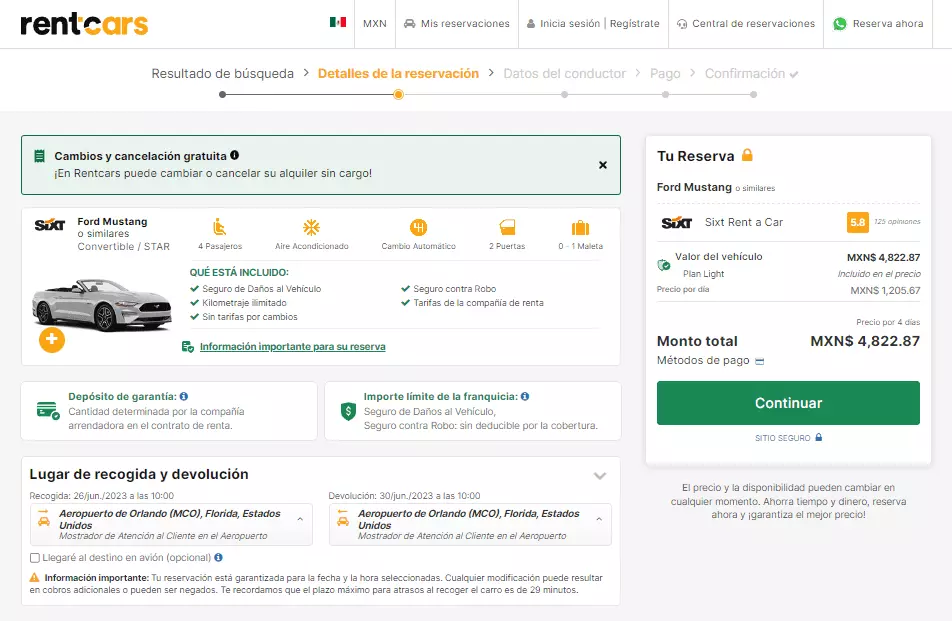 Información sobre el auto que se reservará
