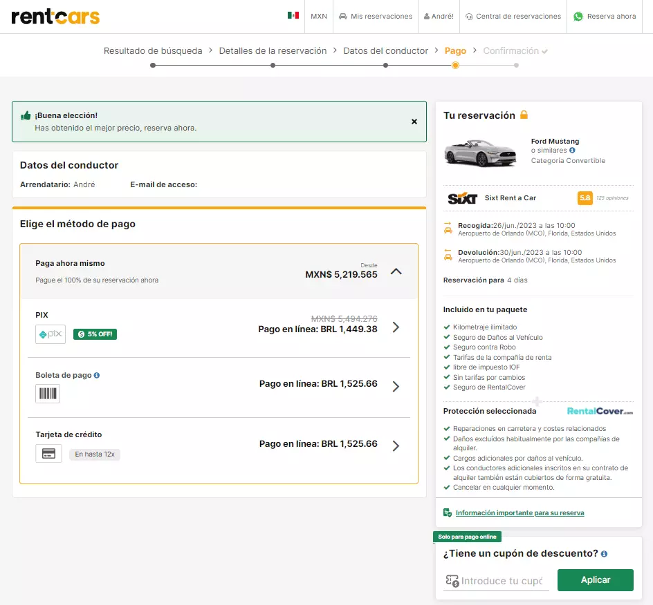Confirmación de la reserva del auto rentado y del pago