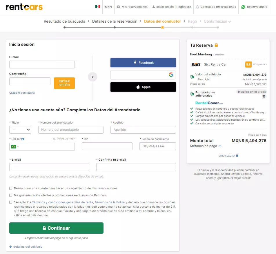 Pantalla de inicio de sesión en el sitio de Rentcars