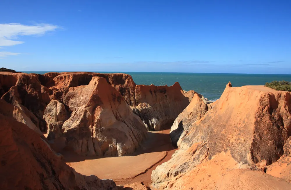 As falésias de Fortaleza mostram um relevo entre as pedras, de cor laranja. O céu está azul e o mar ao fundo.