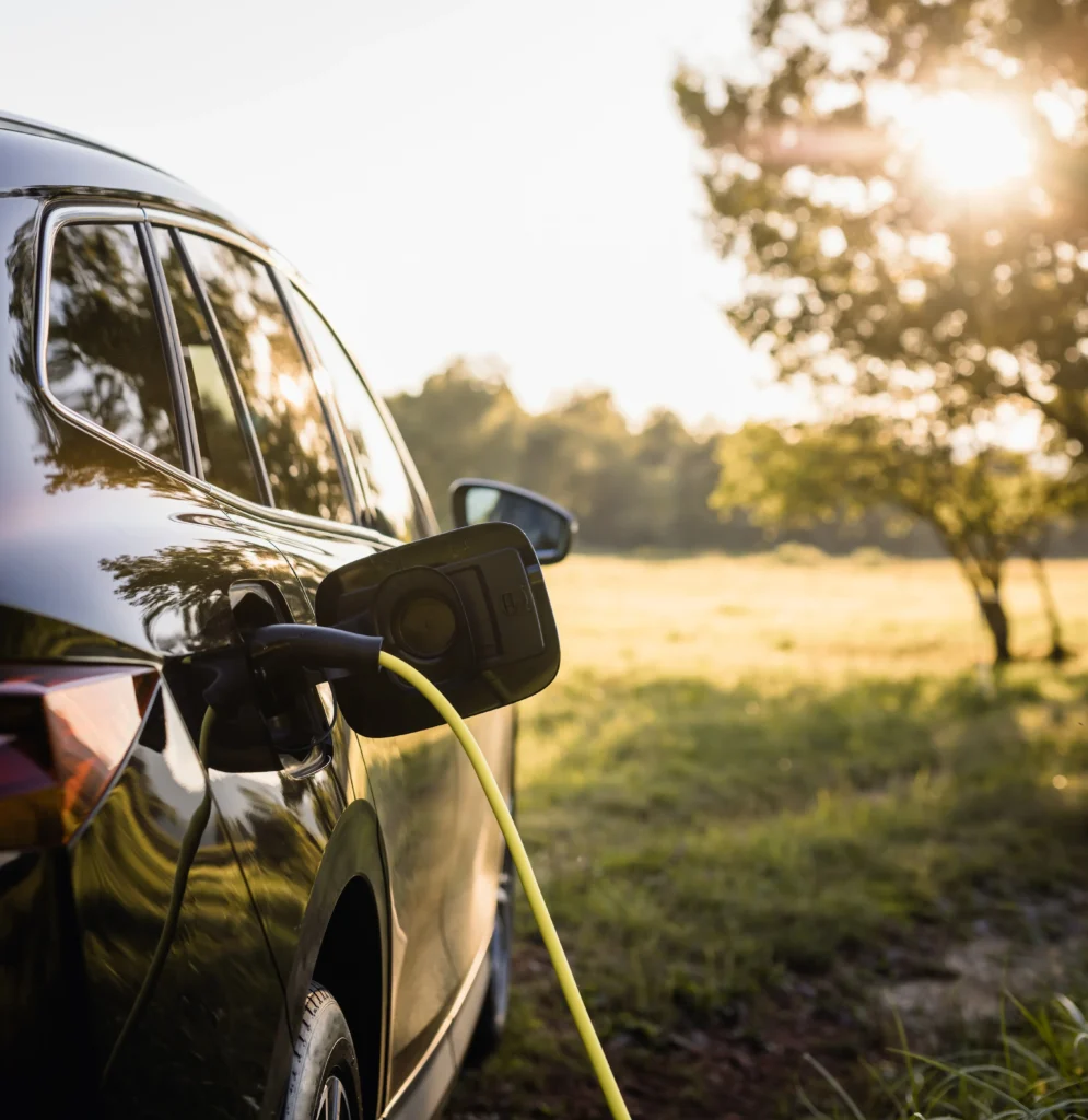 No primeiro plano da imagem, um carro elétrico sendo recarregado em um campo verde, e ao fundo muitas árvores. 