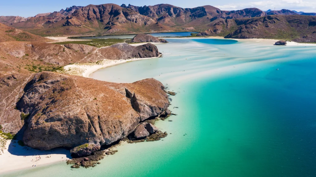 Aerial view of Playa Balandra, La Paz, Mexico.