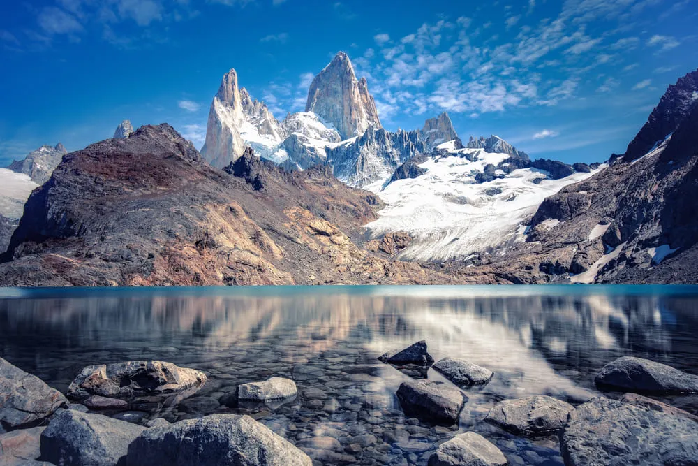 Foto do Lago Nahuel Huapi, na Argentina, com os picos nevados ao fundo e o céu bem azul.
