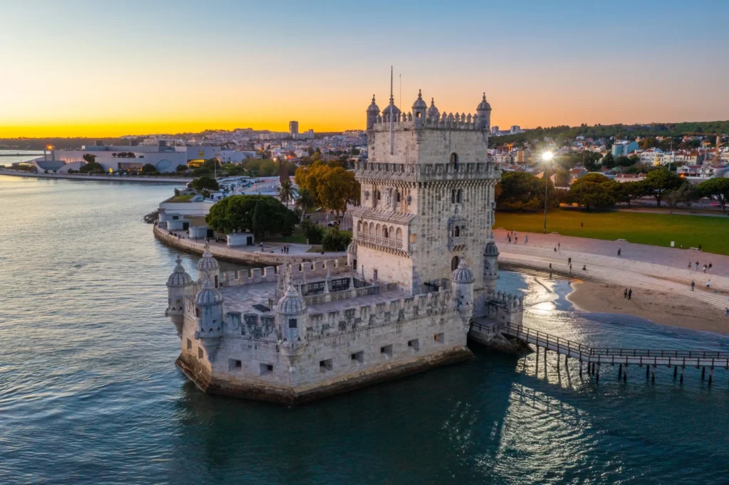 Aerial view of Torre de Belém, Lisbon, in Portugal.