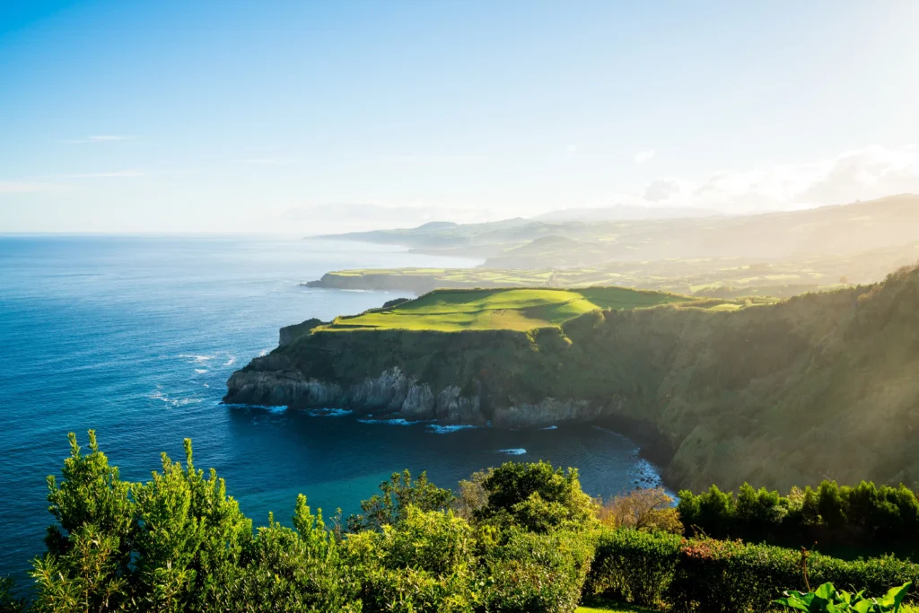 Aerial view of the Azores, with the mountains and the ocean.