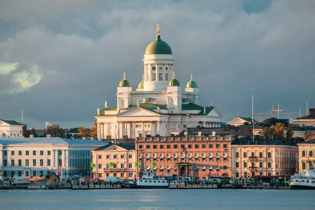 Waterfront buildings and Cathedral in Helsinki, Finland.