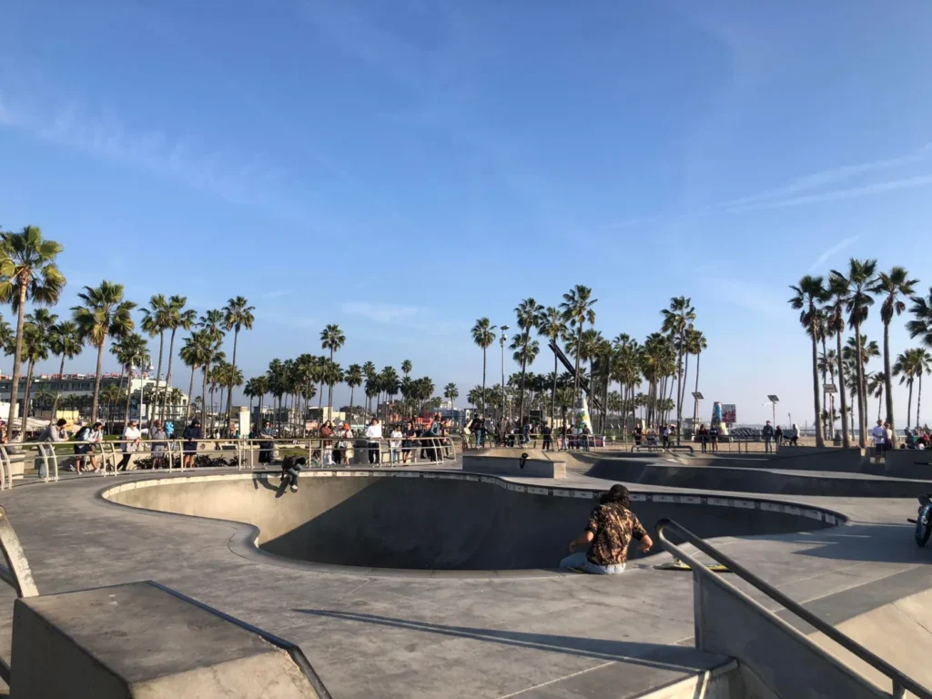 Foto da pista de skate super famosa de Venice Beach, com um fluxo grande de skatistas realizando manobras. As palmeiras estão ao fundo.