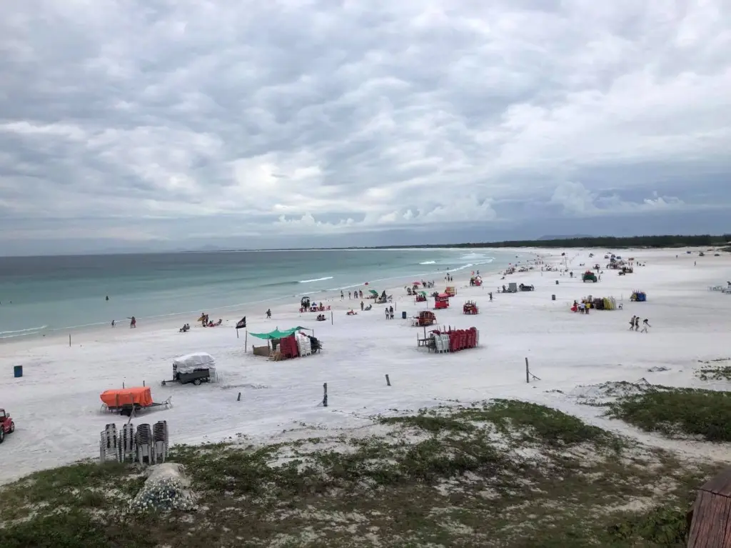 Foto da Praia Grande em Arraial do Cabo. O dia está bastante nebuloso. Na areia, encontram-se pessoas e guarda-sois.