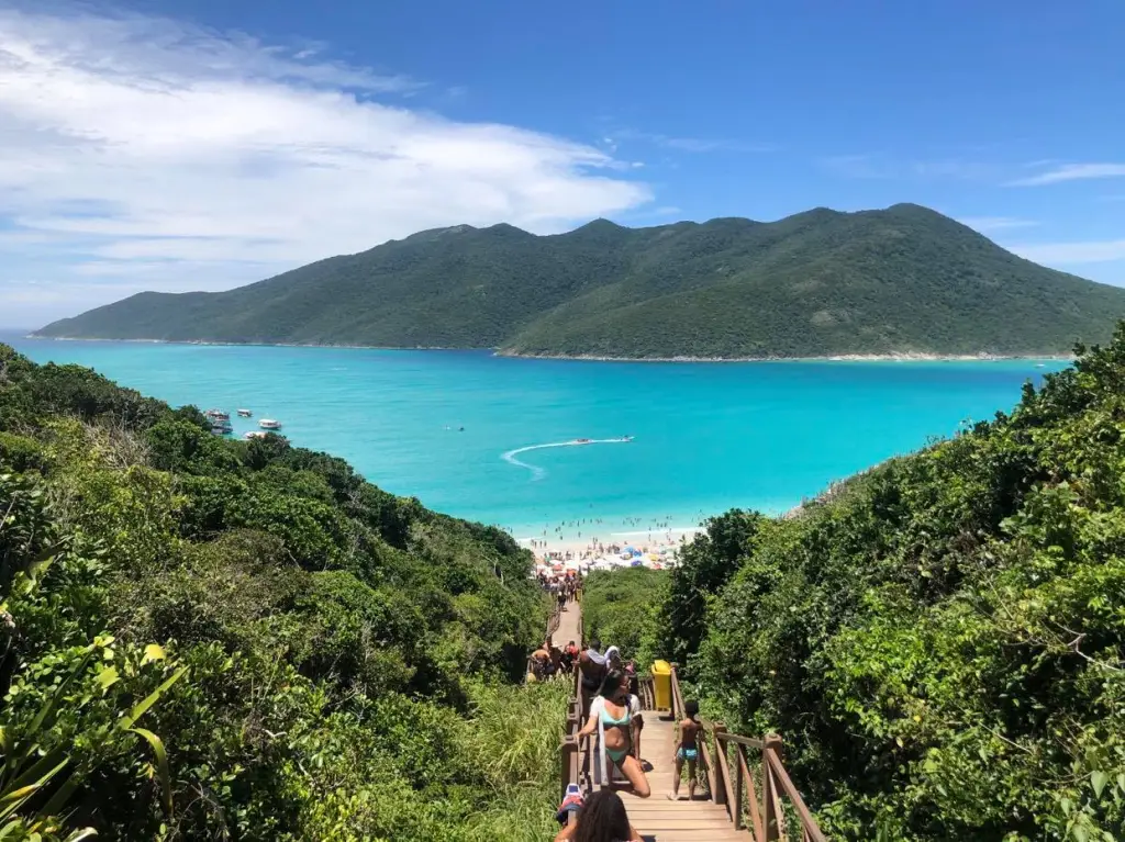 Foto da praia de Portal do Atalaia em Arraial do Cabo. A foto foi tirada a partir da vista do alto da escadaria. É possível ver o mar bem azul, quase verde, o céu bem claro e pessoas subindo e descendo a escada.