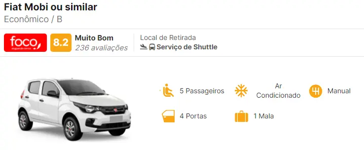 exemplo de card com retirada de carro alugado com serviço de shuttle