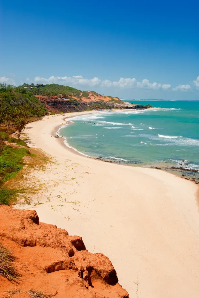 vista da orla da praia de Pipa, no Rio Grande do Norte, com sua areia branca e mar azul, cercada de mata nativa, céu azul com poucas núvens