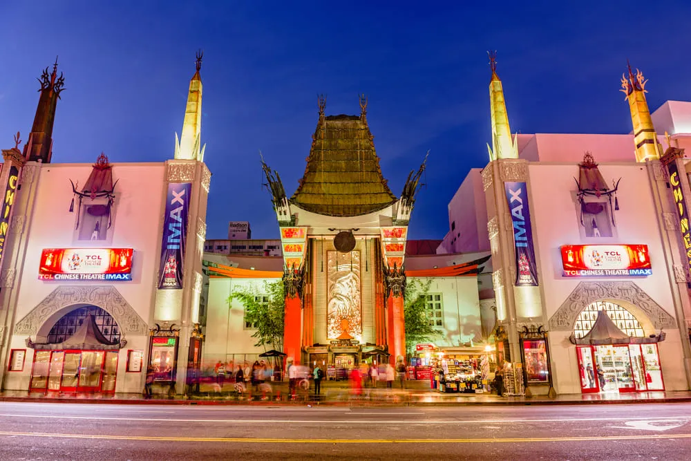Foto del Teatro Chino TCL en la Calle de la Fama en Los Ángeles. Es de noche, con un cielo azul oscuro.