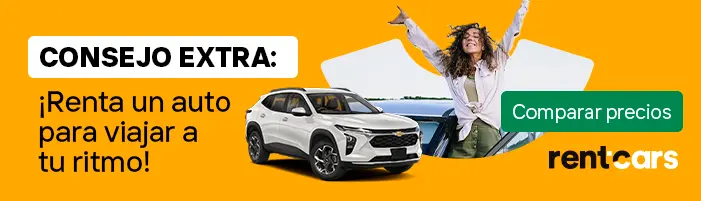 Banner de Rentcars, con el texto "Consejo extra: ¡Renta un auto para viajar a tu ritmo!" y el botón "Comparar precios".