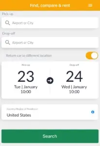 Rentcars app's search box.
