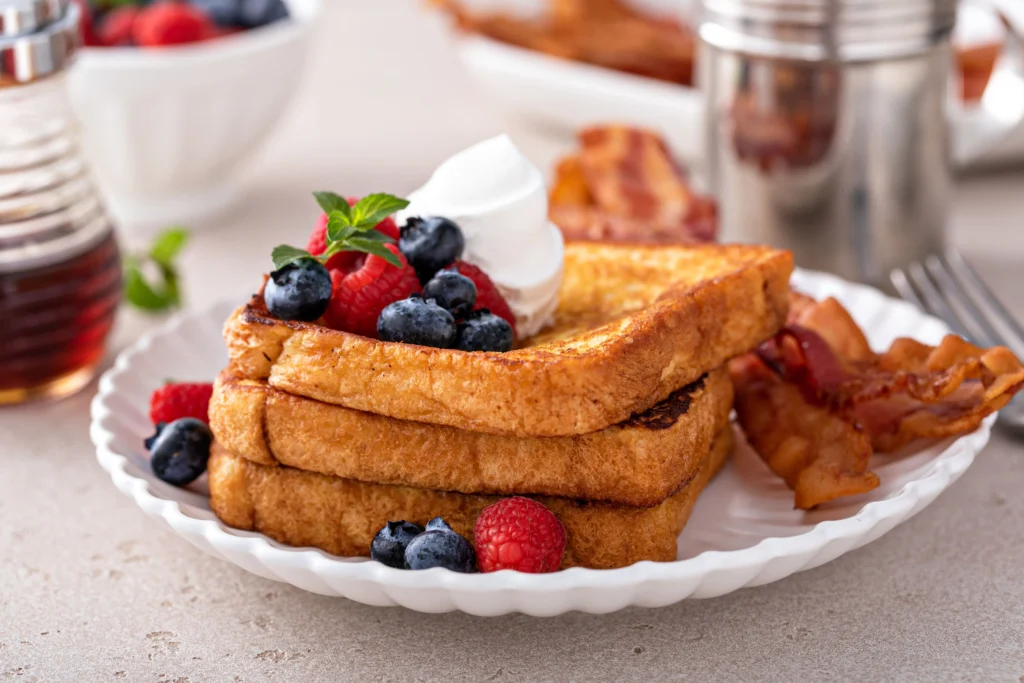 Foto de uma saborosa French Toast com torradas, mirtilos e um creme branco. Há bacons em volta.