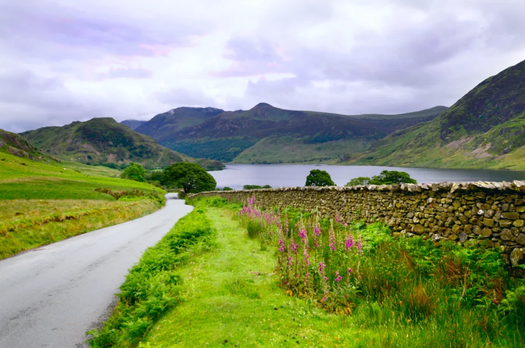Picture shows a road and the lake on the backdrop, in Windermere.