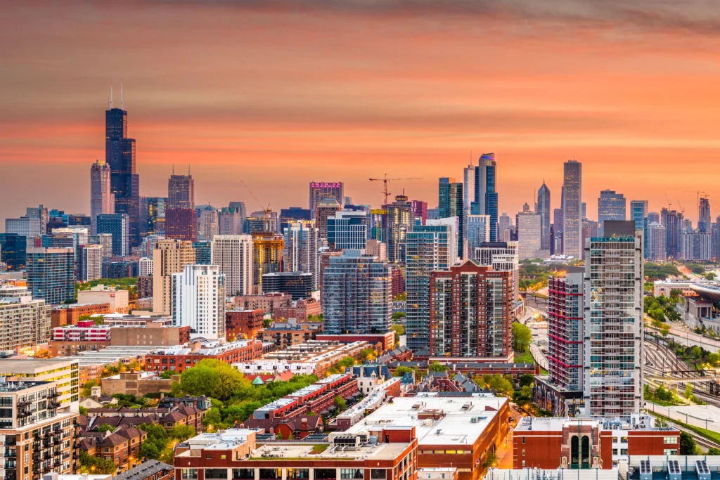 Chicago's skyline at dusk.