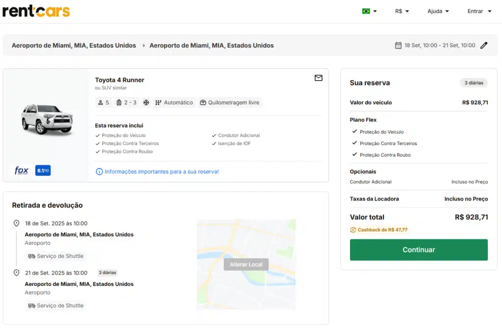 print da tela de seleção de aluguel de carros da rentcars